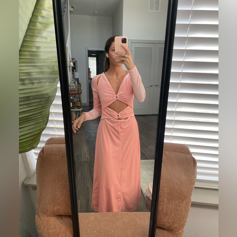 AFRM Cala ribbed cutout long sleeve velvet midi dress - pink